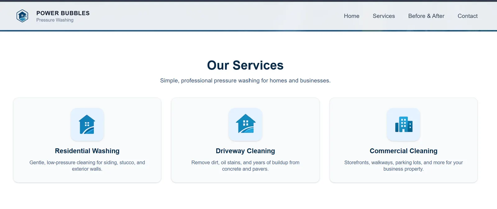 Power Bubbles Cleaning Website — screen 2